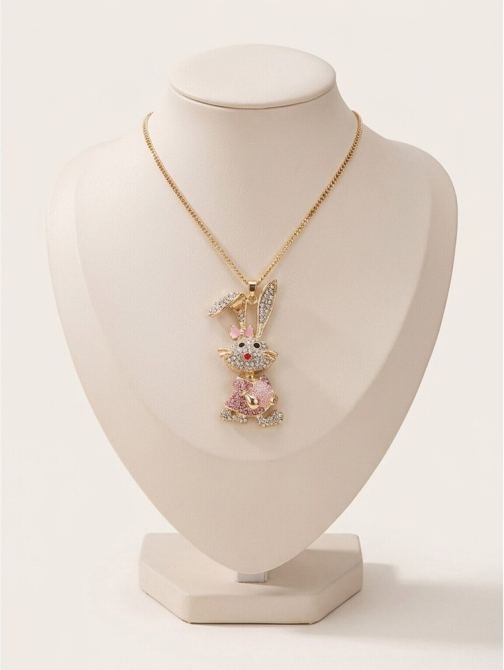 Gold Tone Rhinestone Bunny Rabbit Pendant Necklace Pink Articulated 17"